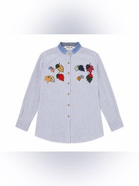 Victoria Jones Woman 20W Blue Pinstripe Leaf Applique Button Shirt Cotton